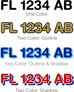 FL 1234 AB One Color FL 1234 AB Two Color: Outline FL 1234 AB Two Color: Outline & Shadow FL 1234 AB FL 1234 AB Two Color: Shadow FL 1234 AB